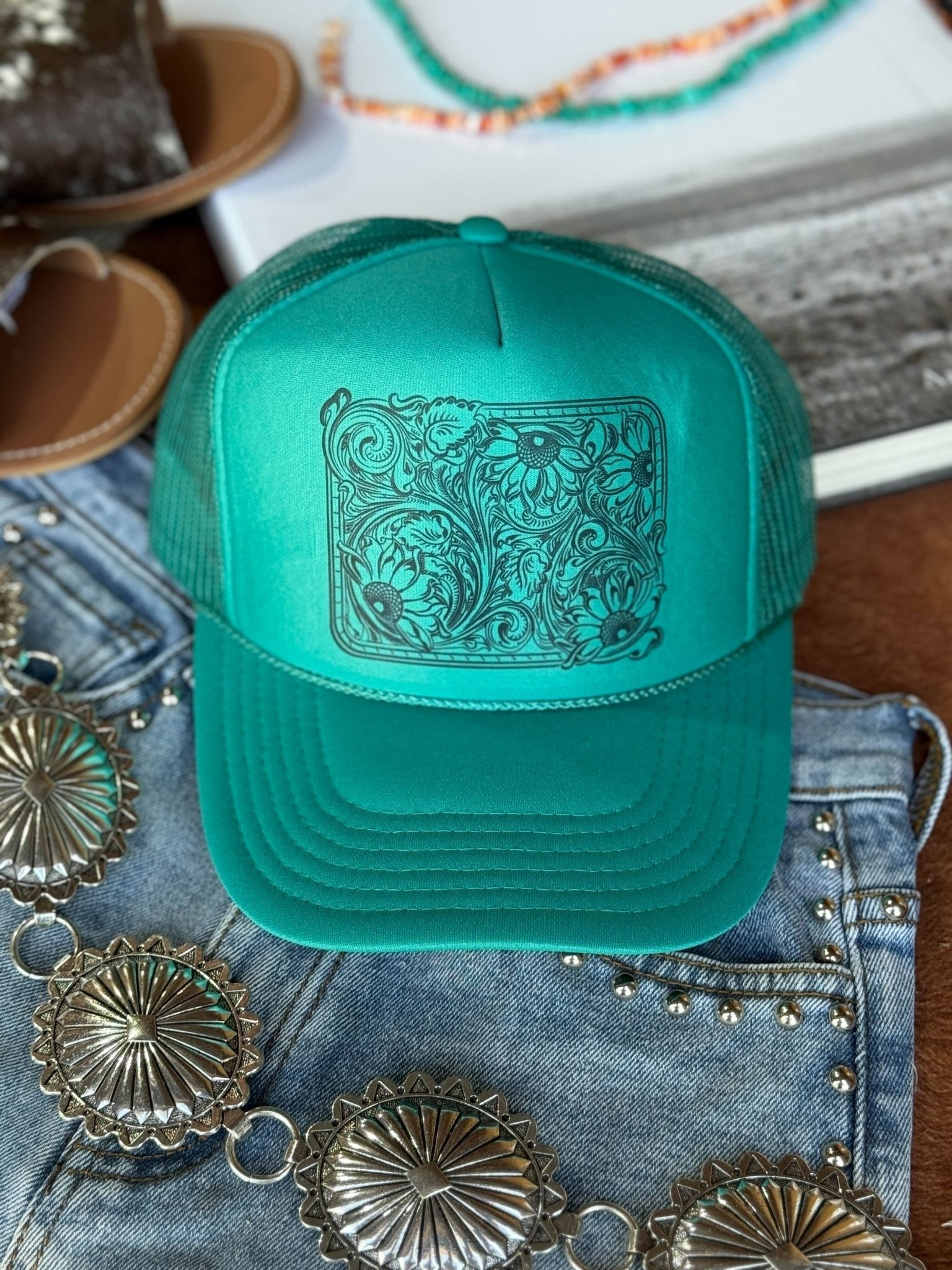 Wild Junkie Sunflower Tooled Leather Trucker Hat — main product shot