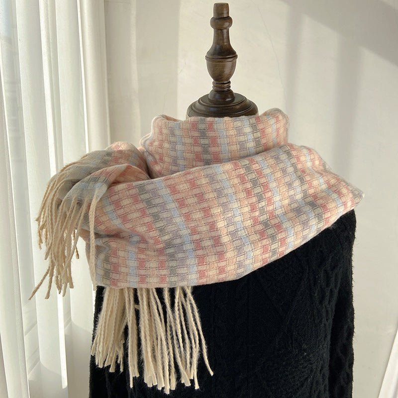 Mariam's Collection Vibrant Plaid Scarf Faux Wool Warm Shawl with Fringe (MAC334) — construction detail
