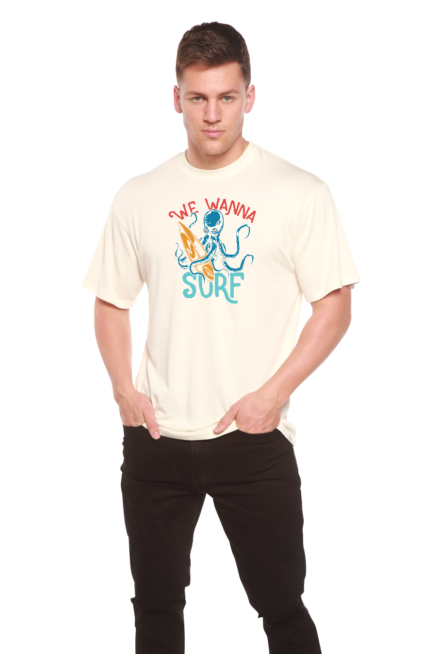 Spun Bamboo We Wanna Surf Men's Bamboo Viscose/Organic Cotton Short Sleeve Graphic T-Shirt — alternative angle