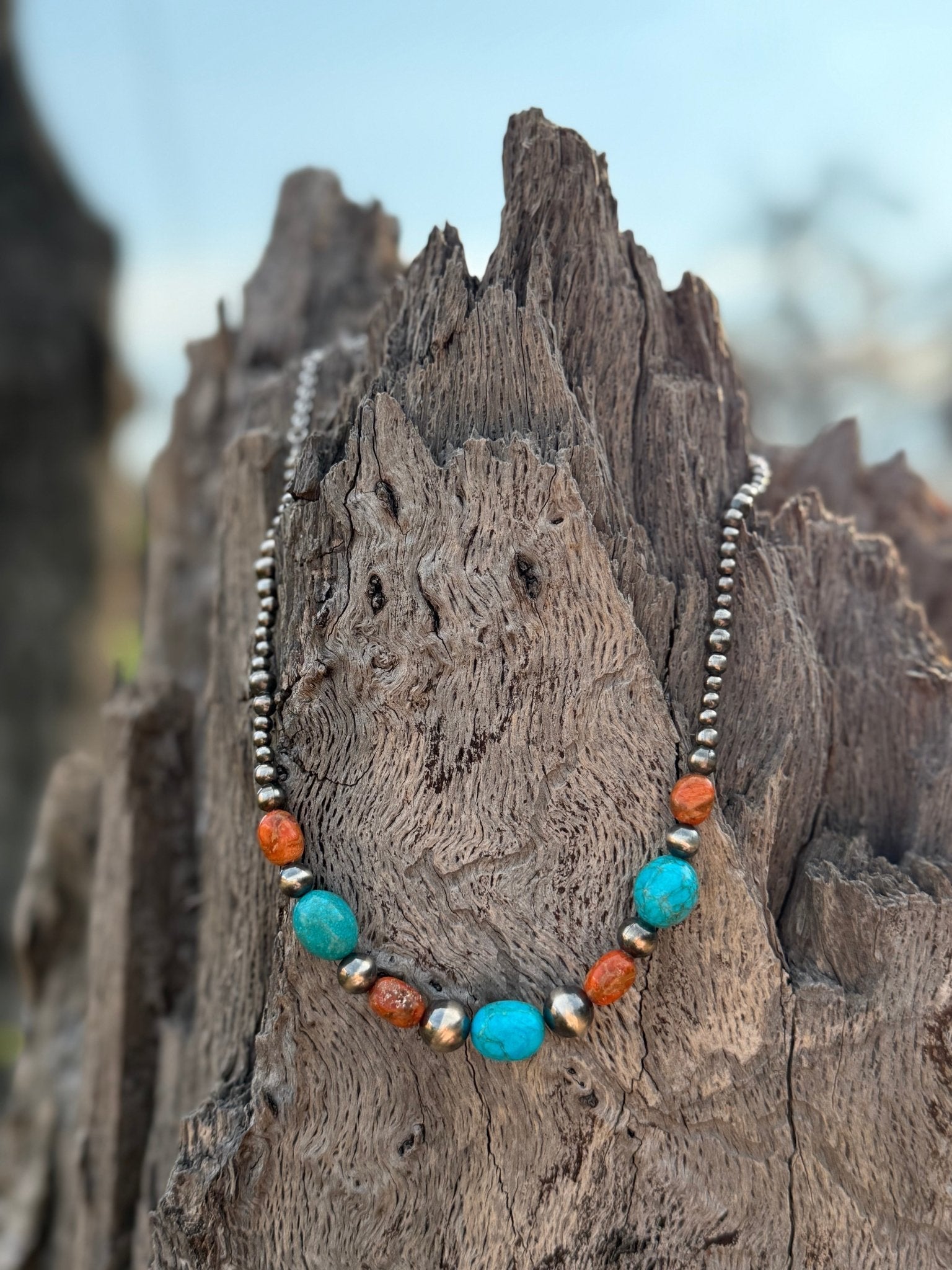 Wild Junkie Western Coral Apple Beaded Necklace — detail close-up