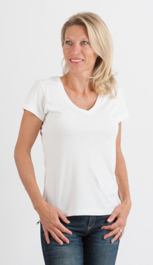 Spun Bamboo Women's Bamboo Viscose/Cotton V-Neck Cap Sleeve T-Shirt — detail close-up