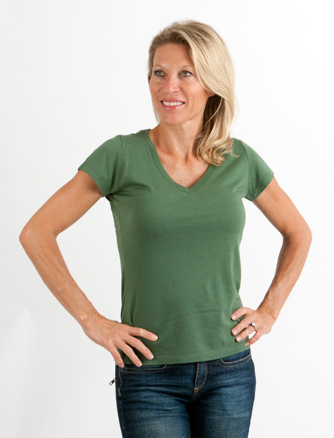 Spun Bamboo Women's Bamboo Viscose/Cotton V-Neck Cap Sleeve T-Shirt — product on model
