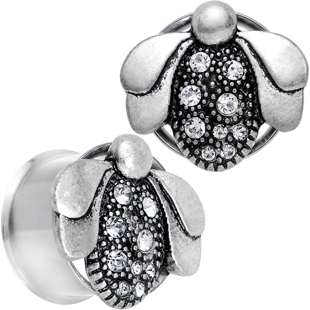 BodyCandy 18mm Clear Gem Steel Allow Me Ladybug Double Flare Tunnel Plug Set — main product shot