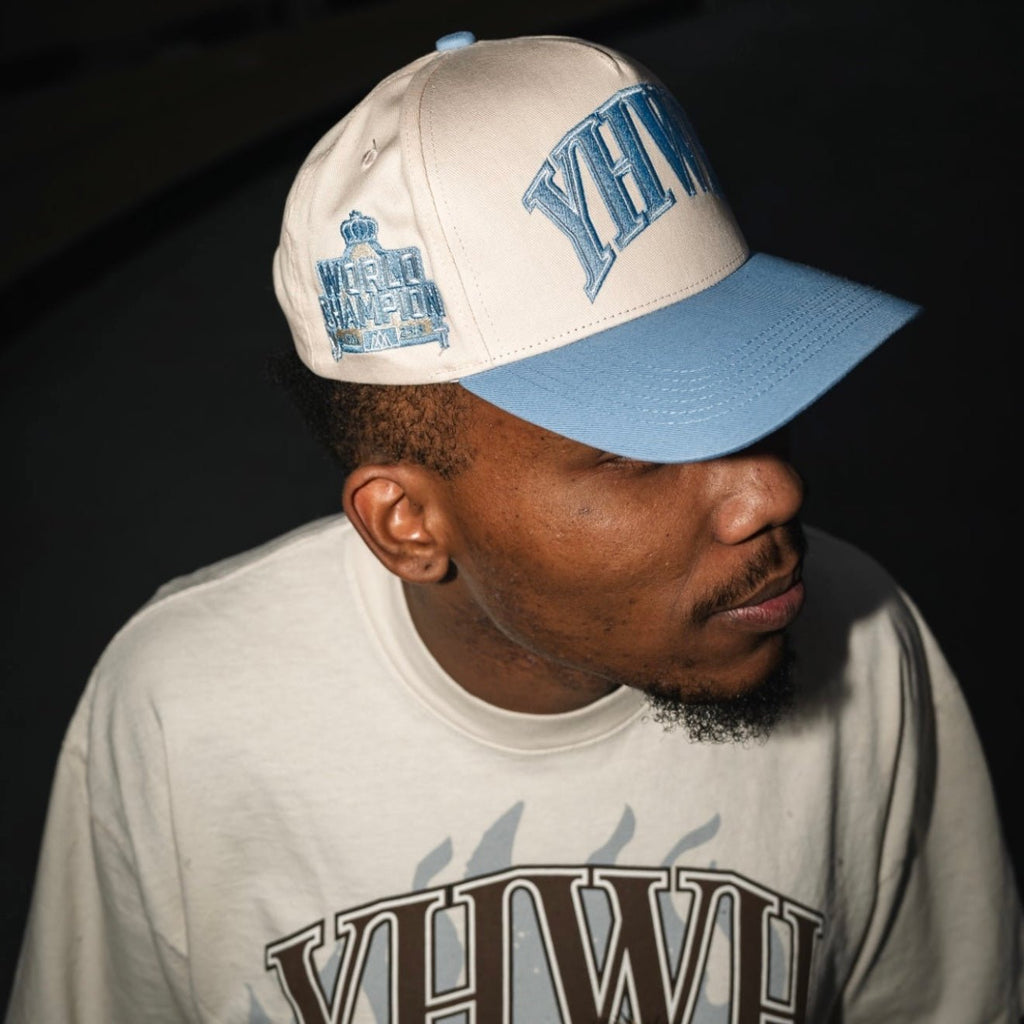 Malta Apparel ‘YHWH’ Structured SnapBack - Cream/Baby Blue — detail close-up